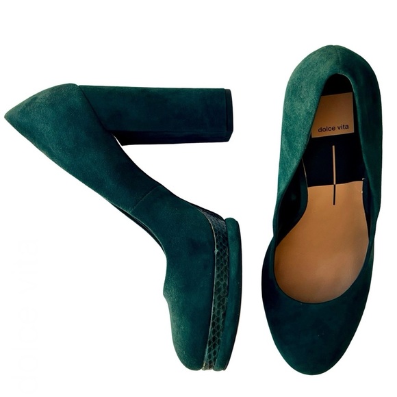 Dolce Vita Veile Suede Block Heels Platform Teal Green Faux Snake Skin Trim 10 - Picture 1 of 17